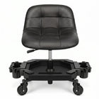Red rolling garage stool with padded backrest shown from the front on a white background
