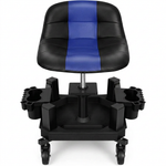 Red rolling garage stool with padded backrest shown from the front on a white background