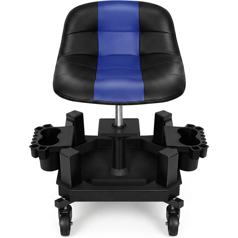 Red rolling garage stool with padded backrest shown from the front on a white background