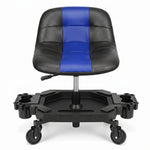 Red rolling garage stool with padded backrest shown from the front on a white background