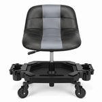 Red rolling garage stool with padded backrest shown from the front on a white background