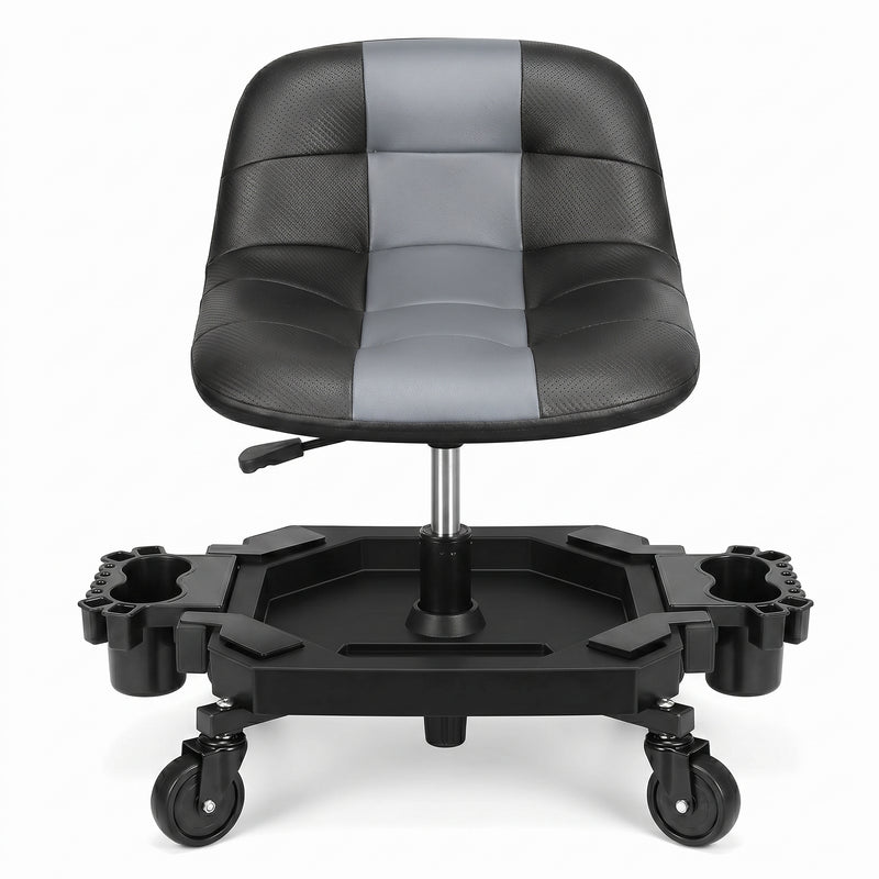 Red rolling garage stool with padded backrest shown from the front on a white background