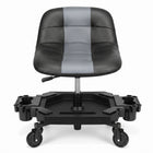 Red rolling garage stool with padded backrest shown from the front on a white background