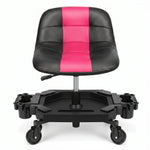 Red rolling garage stool with padded backrest shown from the front on a white background