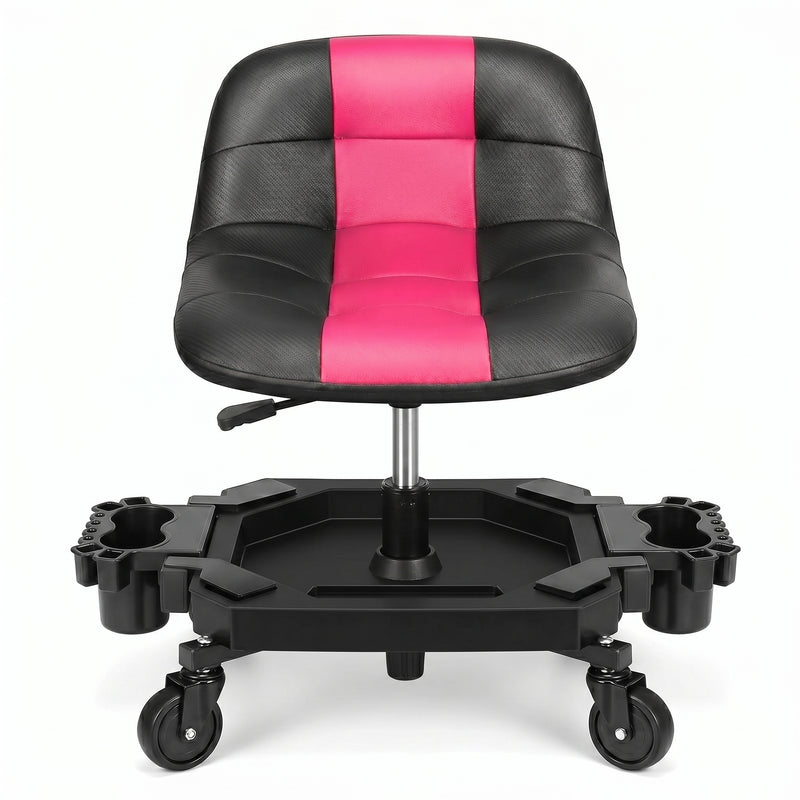 Red rolling garage stool with padded backrest shown from the front on a white background