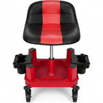 Red rolling garage stool with padded backrest shown from the front on a white background