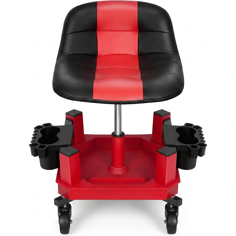 Red rolling garage stool with padded backrest shown from the front on a white background