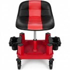 Red rolling garage stool with padded backrest shown from the front on a white background