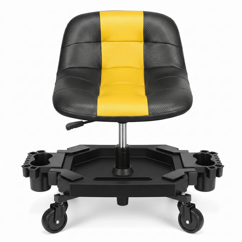 Red rolling garage stool with padded backrest shown from the front on a white background