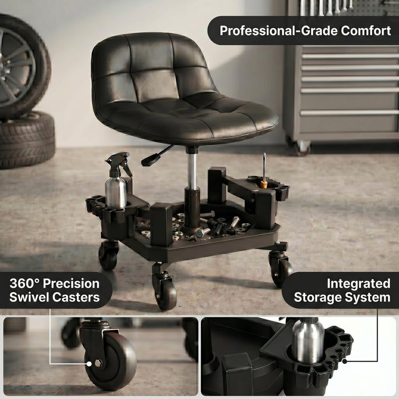 Red rolling garage stool over Heavy-Duty 400 lbs Capacity text with seat material and tool tray detail insets