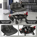 Red rolling garage stool over Heavy-Duty 400 lbs Capacity text with seat material and tool tray detail insets
