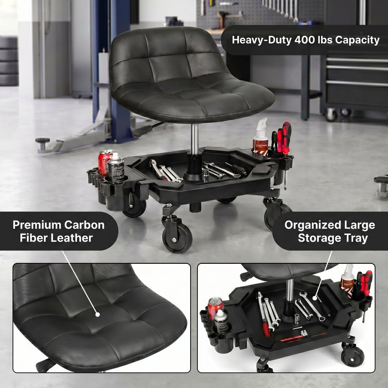 Red rolling garage stool over Heavy-Duty 400 lbs Capacity text with seat material and tool tray detail insets