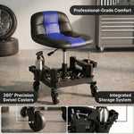 Red rolling garage stool over Heavy-Duty 400 lbs Capacity text with seat material and tool tray detail insets