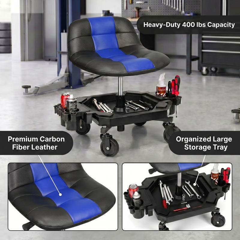 Red rolling garage stool over Heavy-Duty 400 lbs Capacity text with seat material and tool tray detail insets