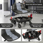 Red rolling garage stool over Heavy-Duty 400 lbs Capacity text with seat material and tool tray detail insets