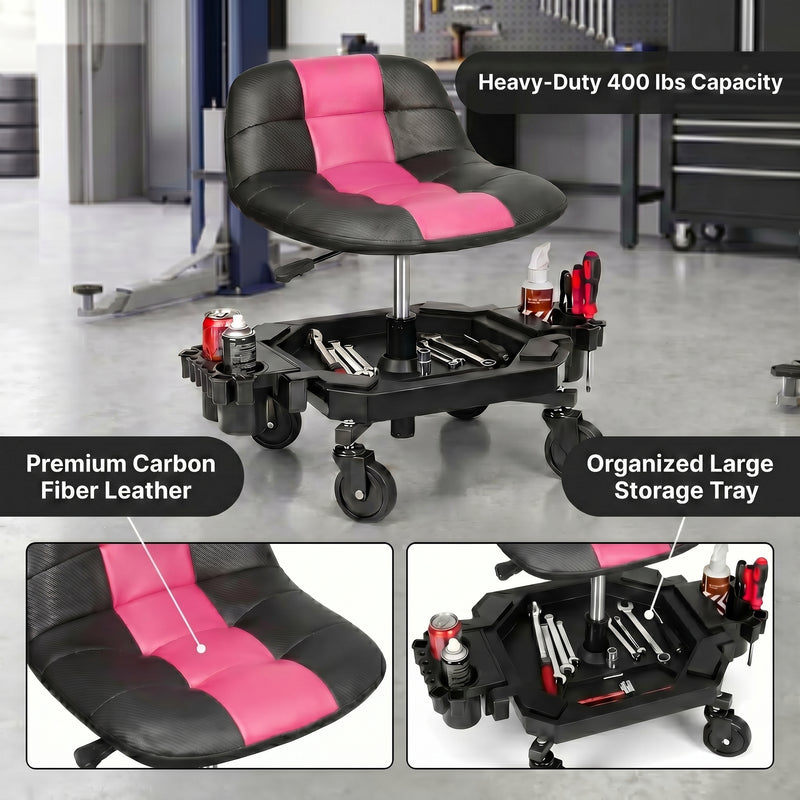 Red rolling garage stool over Heavy-Duty 400 lbs Capacity text with seat material and tool tray detail insets