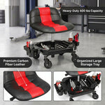 Red rolling garage stool over Heavy-Duty 400 lbs Capacity text with seat material and tool tray detail insets