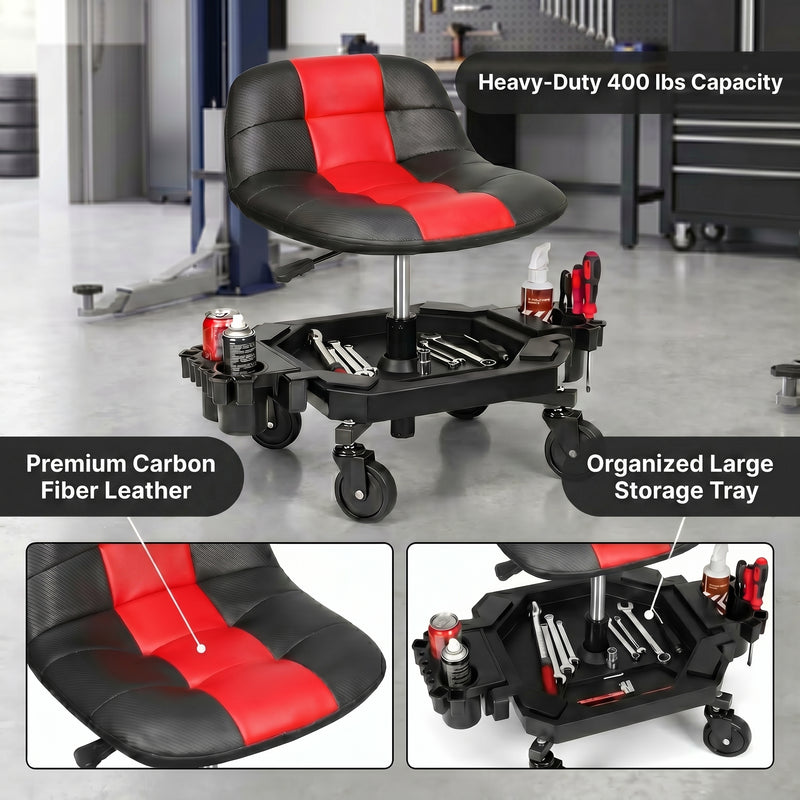 Red rolling garage stool over Heavy-Duty 400 lbs Capacity text with seat material and tool tray detail insets