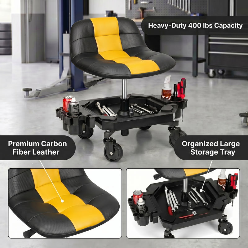 Red rolling garage stool over Heavy-Duty 400 lbs Capacity text with seat material and tool tray detail insets
