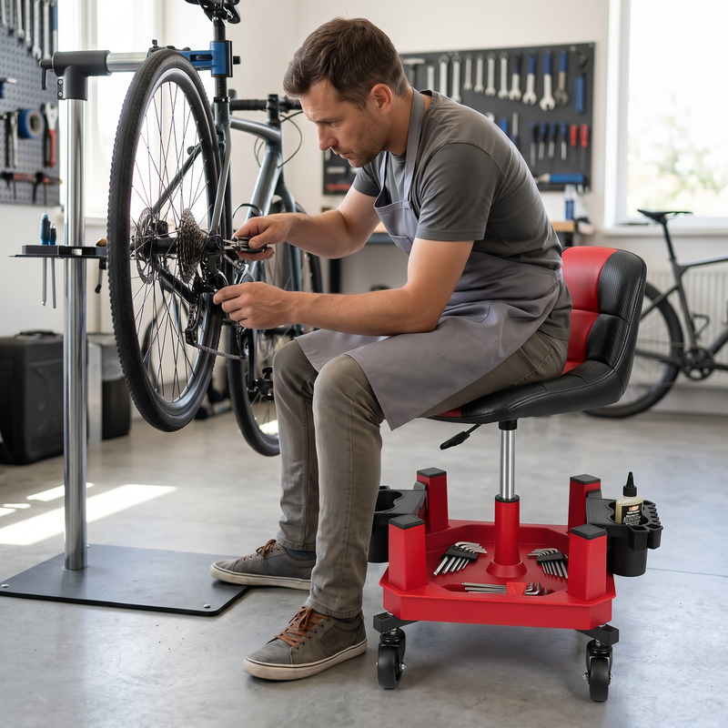 Man sitting on a red rolling garage stool holding a spark plug in a home garage