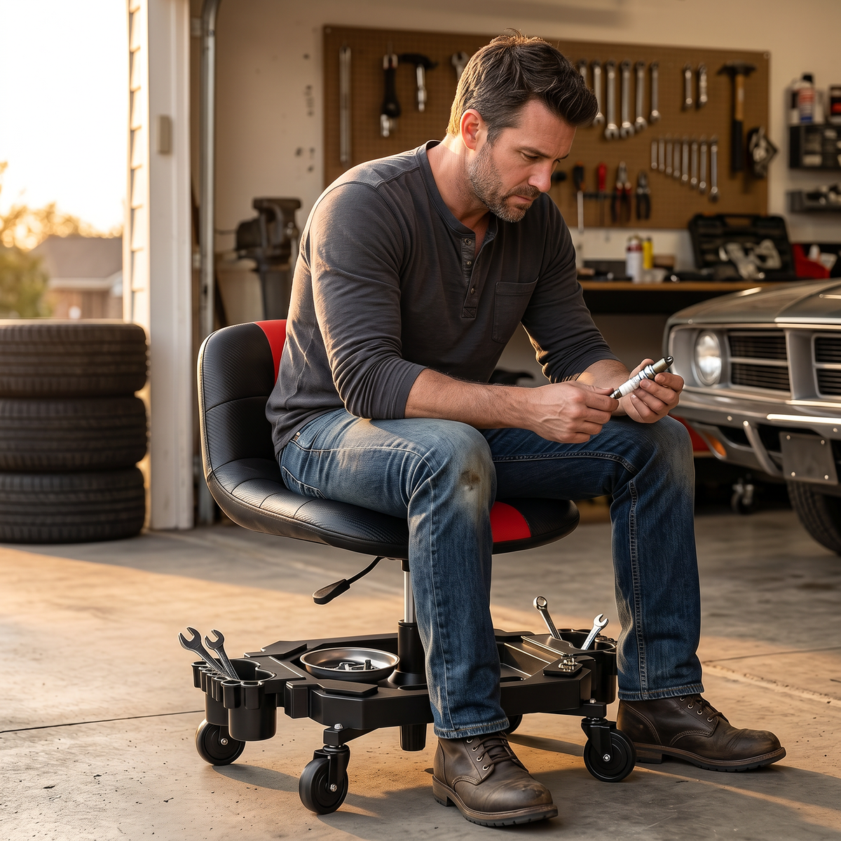 Rolling Garage Stool with Tool Tray & Casters – Trufairs