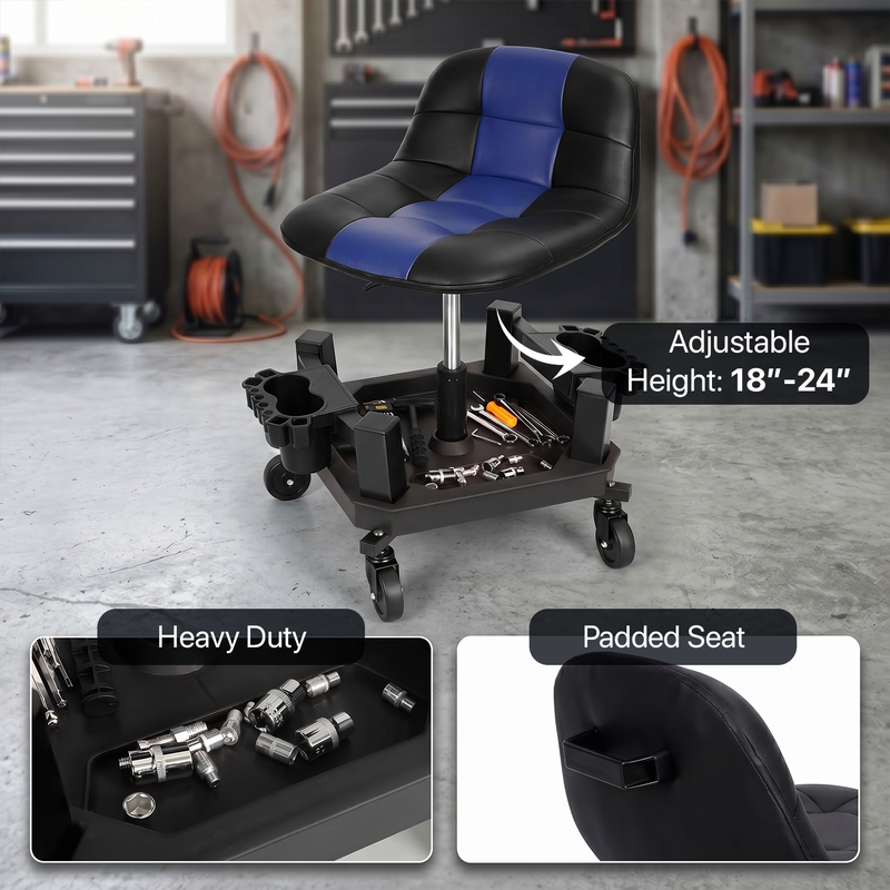 Mechanic seated on a red rolling garage stool adjusting a truck tire with a wrench
