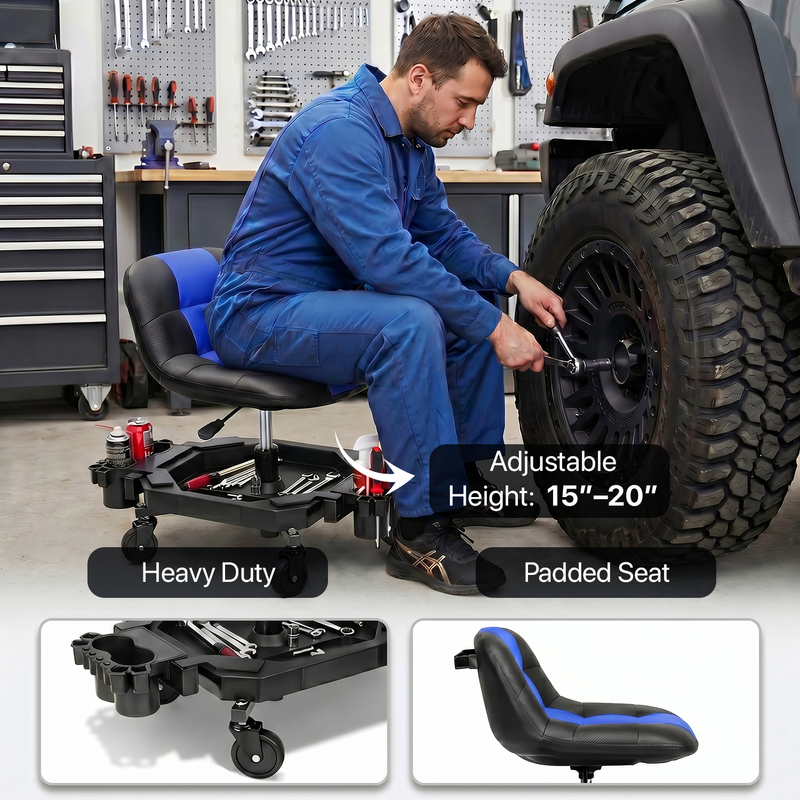 Mechanic seated on a red rolling garage stool adjusting a truck tire with a wrench