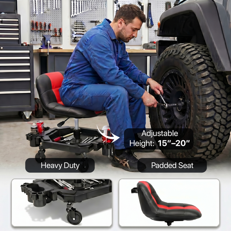 Mechanic seated on a red rolling garage stool adjusting a truck tire with a wrench