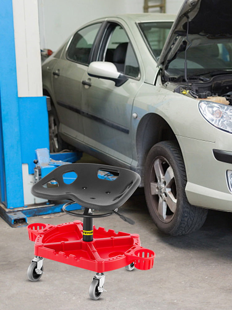SucceBuy Rolling Garage Stool Car Detailing Stool Adjustable Height Mechanic Seat With Tool Tray Workshop Auto Repair Shop Stool