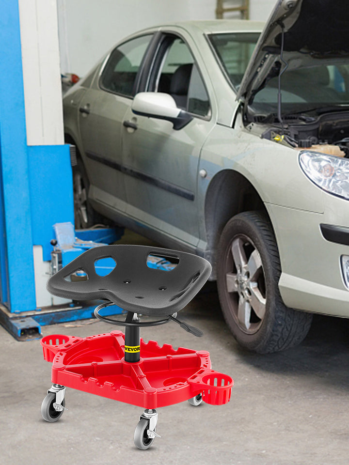 SucceBuy Rolling Garage Stool Car Detailing Stool Adjustable Height Mechanic Seat With Tool Tray Workshop Auto Repair Shop Stool