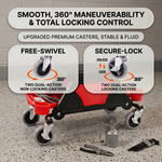 Rolling mechanic stool shown at a low 18-inch and high 23-inch adjustable seat height