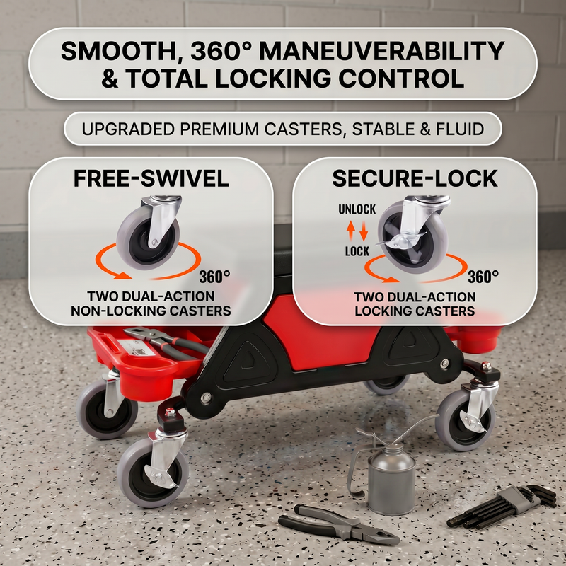Rolling mechanic stool shown at a low 18-inch and high 23-inch adjustable seat height