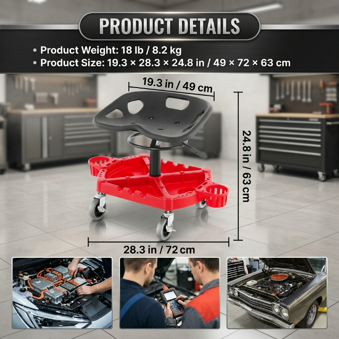 Rolling mechanic stool shown at a low 18-inch and high 23-inch adjustable seat height