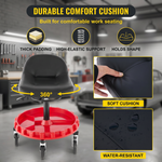 Rolling mechanic stool shown at a low 18-inch and high 23-inch adjustable seat height