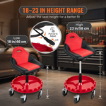 Rolling mechanic stool shown at a low 18-inch and high 23-inch adjustable seat height