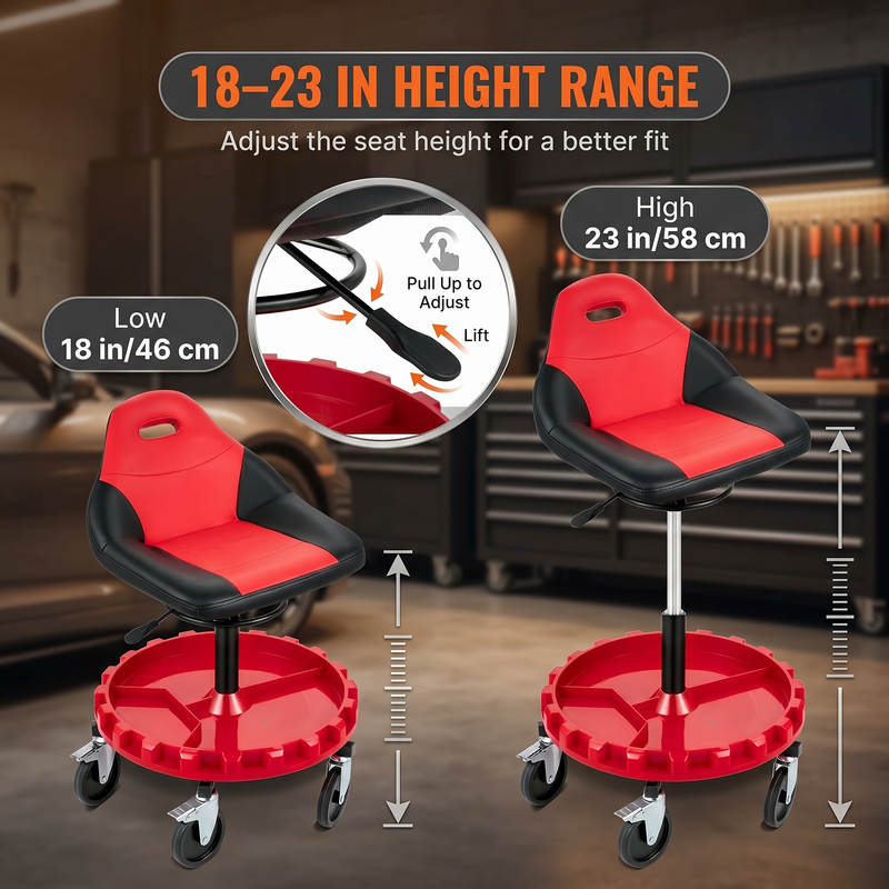 Rolling mechanic stool shown at a low 18-inch and high 23-inch adjustable seat height