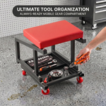 Rolling mechanic stool shown at a low 18-inch and high 23-inch adjustable seat height