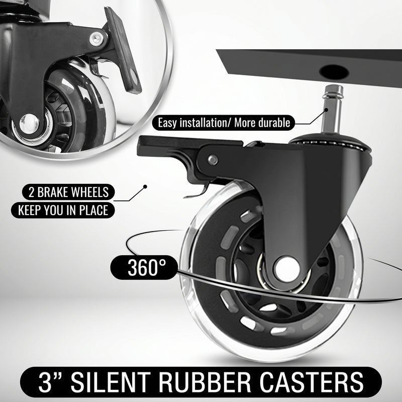 Close-up of the mechanic stool's caster wheel showing the brake lever and ball-bearing swivel
