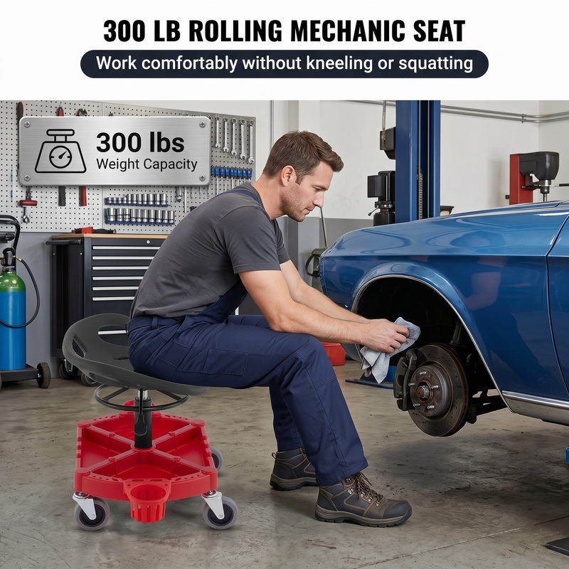 Rolling mechanic stool dimension diagram showing an 18.5-inch seat height and 5-inch casters