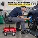 Rolling mechanic stool dimension diagram showing an 18.5-inch seat height and 5-inch casters