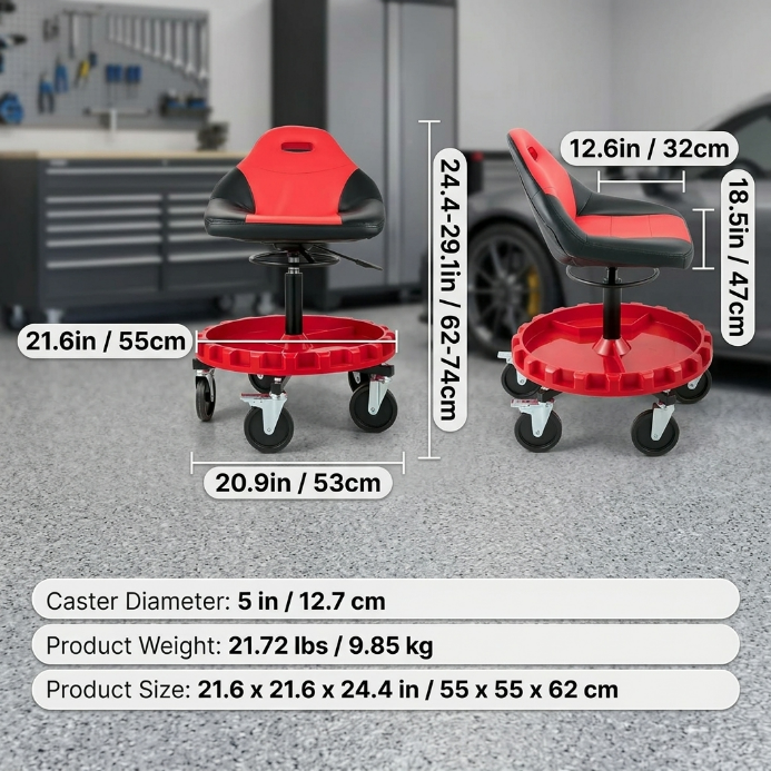 Rolling mechanic stool dimension diagram showing an 18.5-inch seat height and 5-inch casters