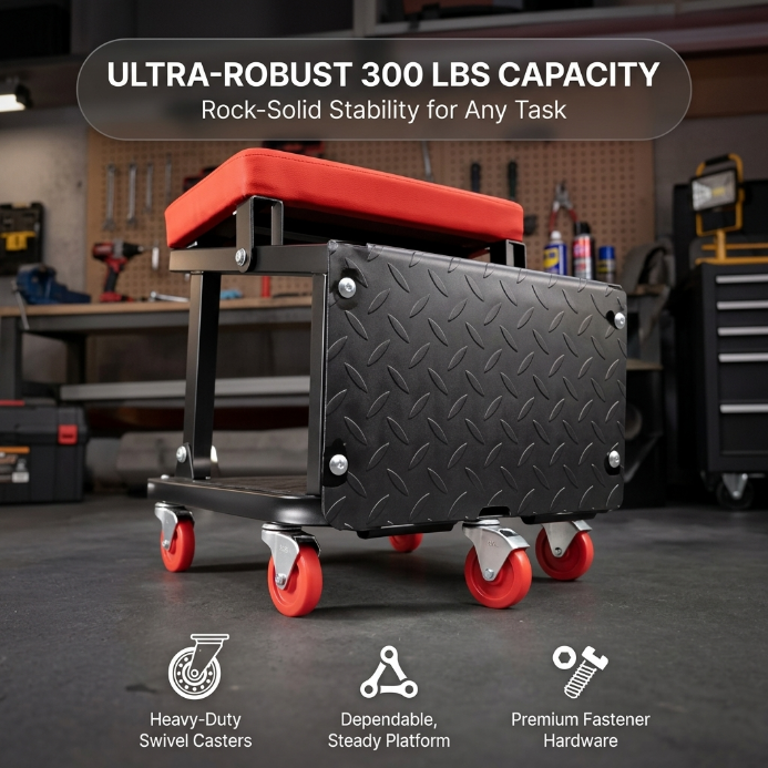 Rolling mechanic stool dimension diagram showing an 18.5-inch seat height and 5-inch casters