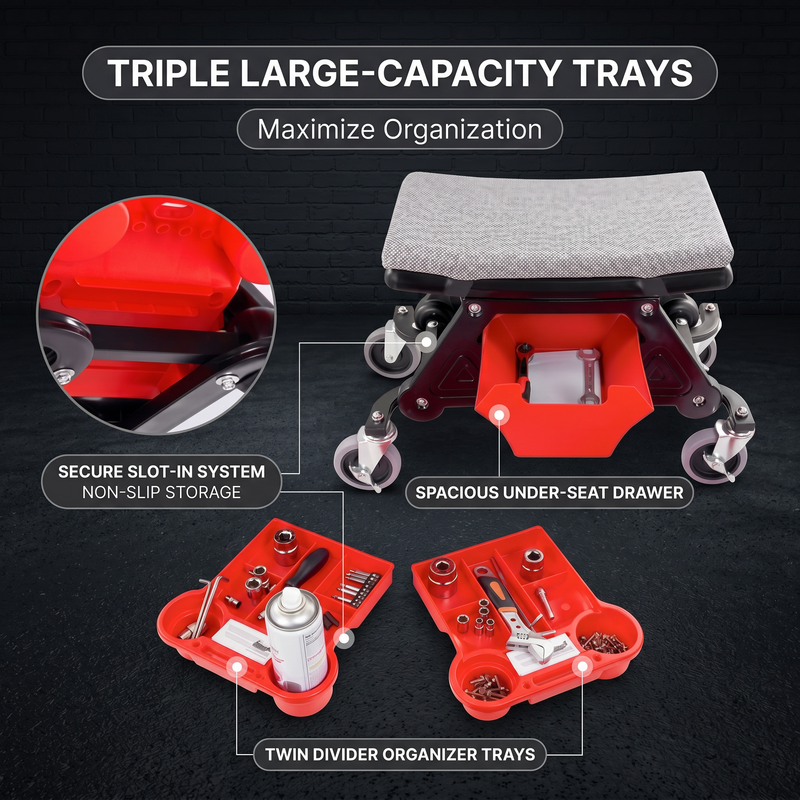 Divided red tool tray on a rolling mechanic stool holding wrenches a screwdriver and a socket set