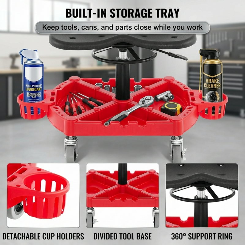 Divided red tool tray on a rolling mechanic stool holding wrenches a screwdriver and a socket set