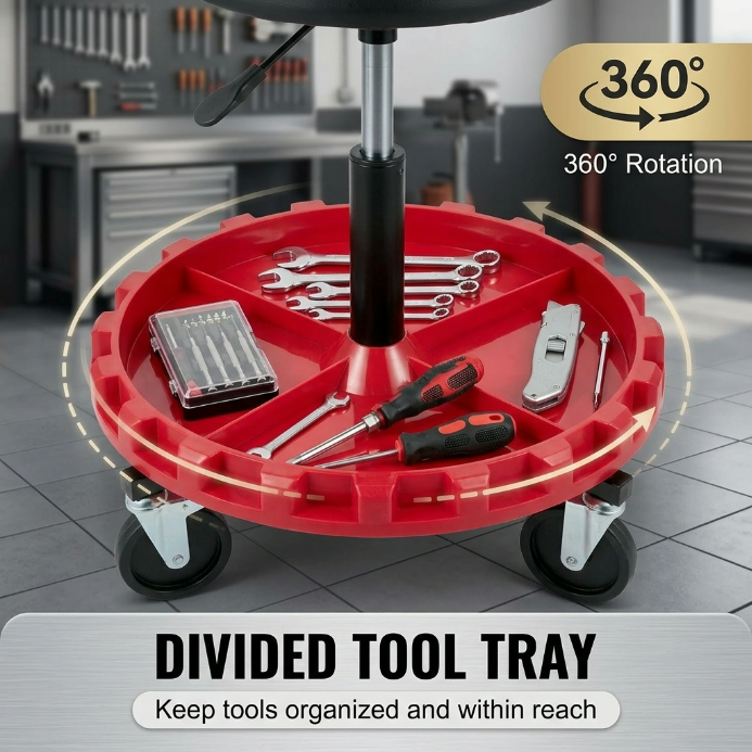 Divided red tool tray on a rolling mechanic stool holding wrenches a screwdriver and a socket set