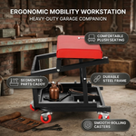 Divided red tool tray on a rolling mechanic stool holding wrenches a screwdriver and a socket set