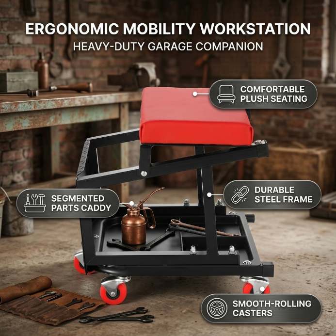 Divided red tool tray on a rolling mechanic stool holding wrenches a screwdriver and a socket set