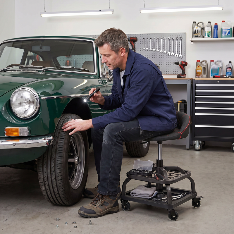 Mechanic sitting on a yellow rolling mechanic stool while working on a car wheel in a garage