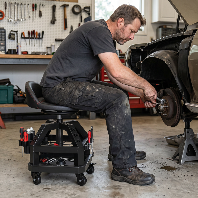 Mechanic sitting on a yellow rolling mechanic stool while working on a car wheel in a garage
