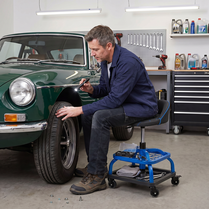 Mechanic sitting on a yellow rolling mechanic stool while working on a car wheel in a garage
